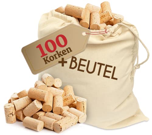100 Korken mit Baumwollbeutel - Bastelkorken - Flaschenkorken Weinkorken zum Dekorieren, Herbst Basteln - Natur Flaschenkorken, Bastelzubehör für Kinder, Erwachsene Hobby Bedarf 24 mm x 45 mm Hell NEU