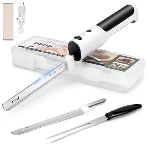 PAHTTO Elektromesser zum Schneiden von Fleisch Brot Gemüse Obst, Kabelloses Brotschneidemesser Dönermesser Küchenmesser mit Edelstahl-Doppelklingen inkl. Box, Gabel und klappbarem Schneidebrett
