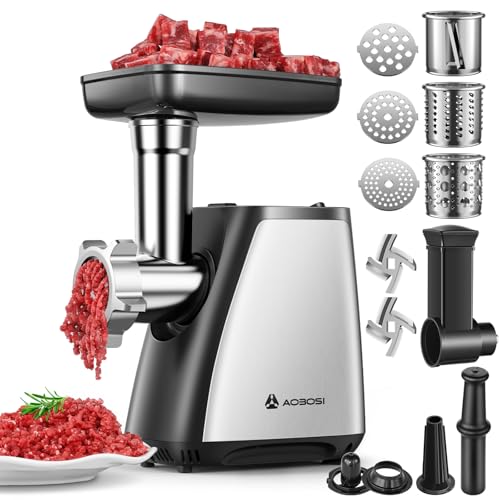 AAOBOSI Fleischwolf, 4-in-1 Elektrischer Fleischwolf [2800 W max] mit 3 Scheiben, Schneidklingen, 2 Klingen, 3 Platten, Wurstfüller, Kubbe-Kit, für den Hausgebrauch, Edelstahl