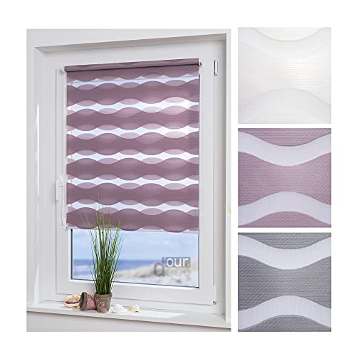ourdeco® Doppel-Rollo, Duo-Rollo / 90 x 150 cm in Wellenform Wave Altrosa/lichtdurchlässig, Blickdicht/Klemmen=Montage ohne Bohren=Smartfix=Klemmfix=Easy-to-fix