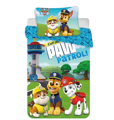 JFabrics Bettwäsche für Babys, Motiv: Paw Patrol, wendbar, Bettbezug 100 x 135 cm + Kissenbezug 40 x 60 cm, Marcus, Chase und Ruben