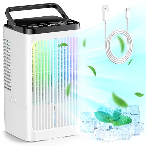 Klimaanlage mobil Luftkühler- Mobiles Klimageräte 1500ml Persönlich Ventilator mit 4 Windgeschwindigkeiten Wassertank 7 Farben Licht 2 Sprühfunktion, 1-8H Timer, für Schlafzimmer Büro