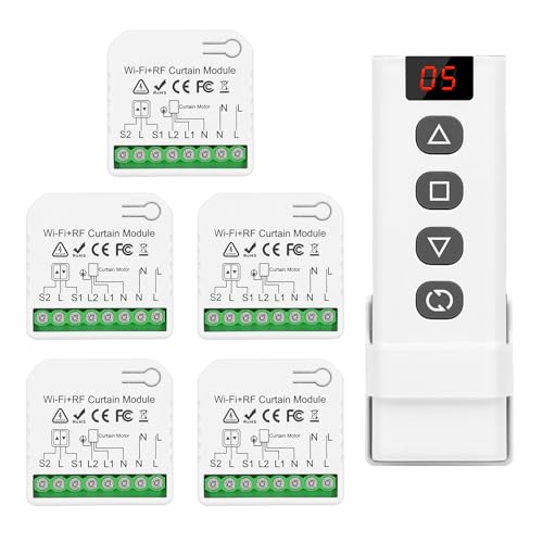 DieseRC 5-teiliges kabelloses Smart-Rollladen-Steuerungsmodul mit 1-teiliger RF-Fernbedienung, WIFI-Steuerung, kompatibel mit Google Home/Alexa APP-Steuerung und manuellem Schalter