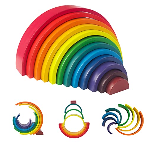 WOODENFUN Großer hölzerner Regenbogenstapler für Kleinkinder, 12 Stück Hellen Farben Regenbogenstapler hölzernes Babyspielzeug - Stapeln Spielbausteine für Kinder