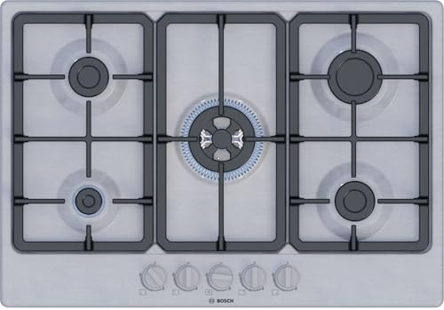 Bosch PGQ7B5K90 Serie 4, Gasherd, WOK-Brenner: Leistung bis 3,3 kW, Grillroste aus Gusseisen, Stahl, 75 cm, Edelstahl