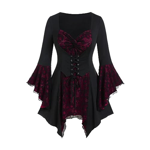 EMATOP Viktorianische Kleidung Damen Gothic Kleid Renaissance Mittelalter Partykleid Spitze Halloween Kostüm mit Trompetenärmel Schnürkleid Hohe Taille Elegant Cocktailkleid Knielang Ballkleid