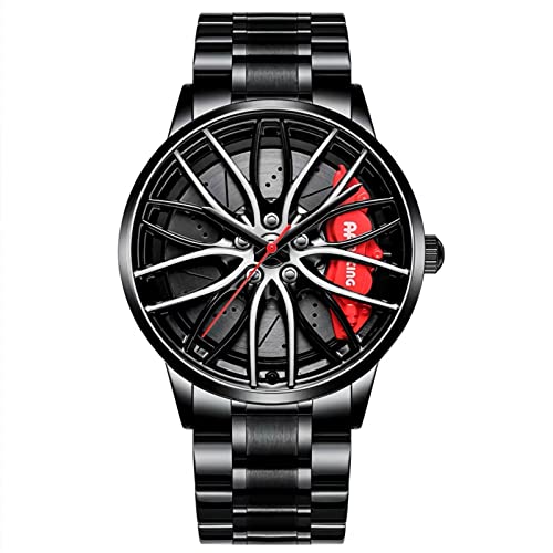 RWXCOW Herren Uhr Kreativ Armbanduhren,Autorad Felgennabenuhr,Auto Rad Felgen Nabe Uhr, Männer Sport Wasserdicht Armbanduhr,3D Auto Rad Felge Nabe Quarz Herrenuhr,schwarzerStahlmitroterNadel