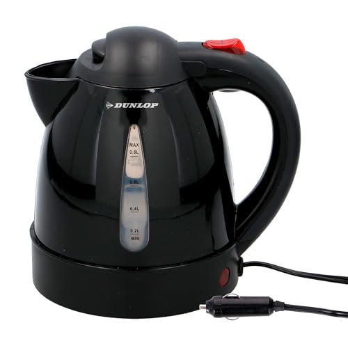 Dunlop Reisewasserkocher 24V - Reise Wasserkocher 0,8L - Tragbarer Kettle mit Zigarettenanzünderstecker - Thermischer Schutz und Trockenlaufschutz - für Tee, Kaffee, Suppe und Nudeln - Schwarz