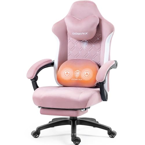 Dowinx Gaming Stuhl Stoff mit Beheizter Massage Lendenwirbelstütze, Gamer Stuhl mit Tasche Frühling Kissen und Fußstütze, Roß und Hoch Gamer 150 kg Belastbarkeit (Rosa)