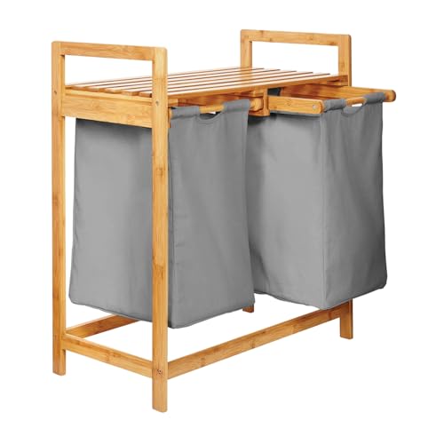 Lumaland Wäschekorb Bambus mit 2 ausziehbaren Wäschesäcken | Pflegeleichtes Material, unempfindlich gegen Nässe und leicht abwischbar | Höhe ca. 73cm x 64cm Breite x 33cm Tiefe [Dunkelgrau]