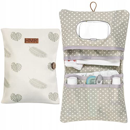 HAMUR HOME Windeltasche Organizer und Kosmetiktasche 2in1 - Kleine Wickeltasche für Unterwegs Mamas Windeln Creme Tücher Baby Organizer (Leaves)