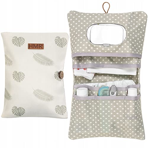 HAMUR HOME Windeltasche Organizer und Kosmetiktasche 2in1 - Kleine Wickeltasche für Unterwegs Mamas Windeln Creme Tücher Baby Organizer (Leaves)