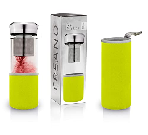 Creano Teebereiter Teamaker - Teeflasche to go aus Glas mit Sieb für losen Tee inkl. Neoprentasche | 400ml (Grün)