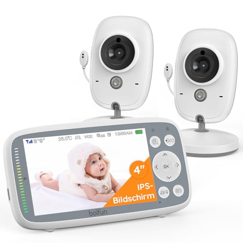 BOIFUN Babyphone mit 2 Kameras, VOX Nachtsicht Babyfon, Temperaturüberwachung, Gegensprechfunktion Video Überwachung mit 4 Zoll Digital IPS Bildschirm Wireless, Two-Way Audio, Wiegenlieder…