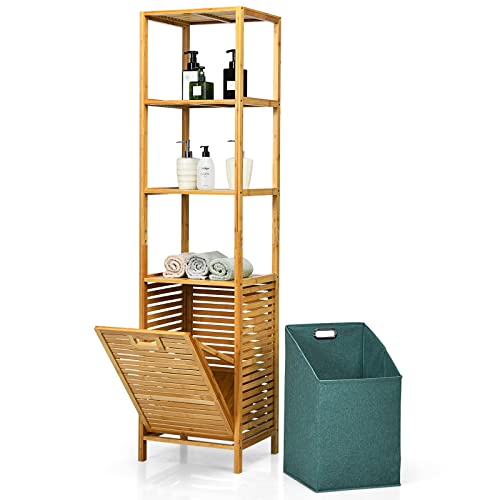 GIANTEX Badezimmer Regal mit Wäschekorb, Baderegal aus Bambus, Badezimmerschrank Badschrank Hochschrank mit 3 Ablagen für Badaccessoires, ausklappbarer Wäschesack aus Stoff, Natur