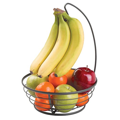 mDesign Obstkorb mit Bananenhaken aus Metall – moderne Obstschale mit Bananenhalter für die Arbeitsfläche – praktischer Früchtekorb für Obst und Gemüse – mattschwarz
