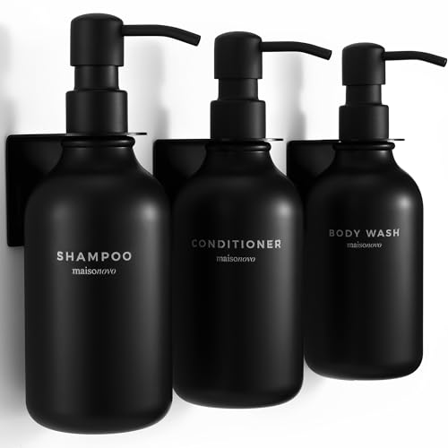 MaisoNovo Shampoo Flaschen zum befüllen – Duschseifen seifenspender wandbefestigung – seifenspender Wand - seifenspender wandmontage - 500 ml Set mit 3 schwarzen Kunststoffflaschen, Schwarze Pumpe
