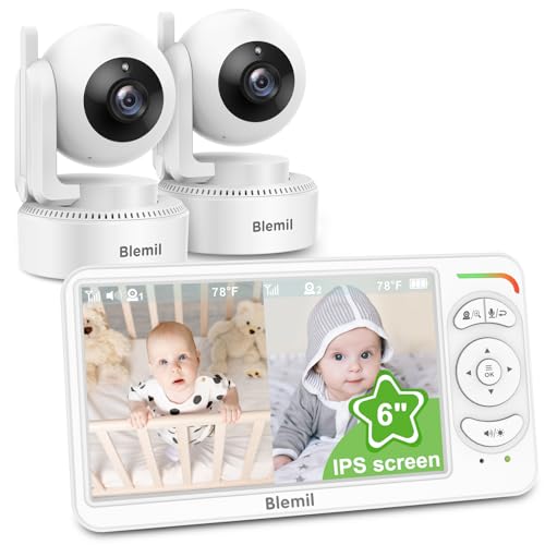 Blemil Babyphone, Video Babyphone mit 2-Kameras und Audio, 6 IPS große Split Screen Fernbedienung Schwenk/Neige/Zoom Babyphone, Videomonitorkameras mit klarer Nachtsicht und 30hours Batterielaufzeit