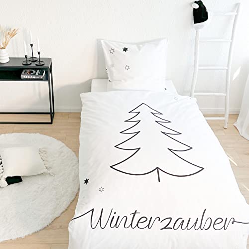 MTOnlinehandel TRAUMHELDEN Bettwäsche 135x200 Biber, Soft, weich & kuschelig, Weihnachten, Sterne, Tannenbaum & Winterzauber, 1 Kissenbezug 80x80 + 1 Bettbezug 135x200 Winterbettwäsche Flanell