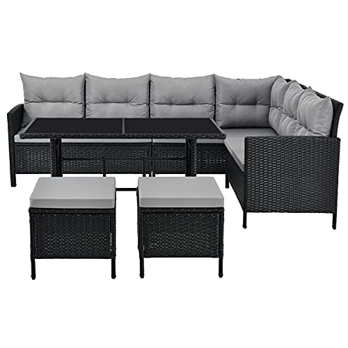 Juskys Polyrattan Lounge Manacor mit Ecksofa, Esstisch, 2 Hocker & Kissen - wetterfest bis 7 Personen - Bezüge waschbar - Rattan Garten Sitzgruppe Gartenlounge Gartenmöbel Set - Schwarz/Grau