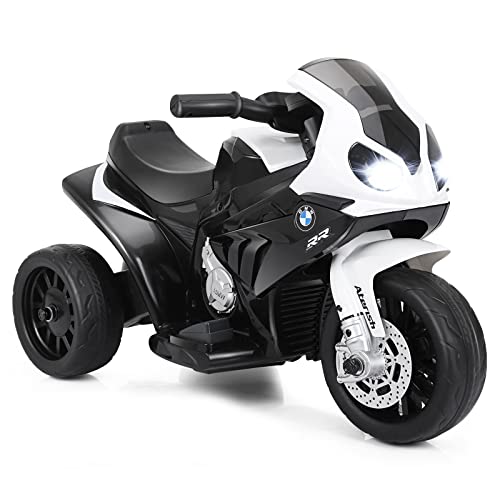 COSTWAY 6V BMW Elektro Motorrad mit Musik und Scheinwerfer, Dreirad Kindermotorrad bis 3km/h, Elektromotorrad mit 2 Stützrädern, geeignet für Kinder von 18-36 Monaten (Weiß)