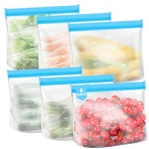 Cisivis Silikon Beutel & Gefrierbeutel, 6 Stück Silikon Beutel Wiederverwendbar mit Stehendes Boden-Design, Zip Beutel, Sandwichbeutel Küche Beutel für Brotbeutel Milch Snacks Fleisch Eier - 28*21*8