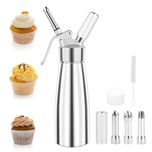 talifoca 500ml Sahnespender, Sahnespender aus Aluminium, Sahnesyphon Aluminium mit 3 Edelstahl Deko-Düsen und 1 Reinigungbürste, Auslaufsicher Schlagsahnebereiter für Sahne Flasche Desserts Warme