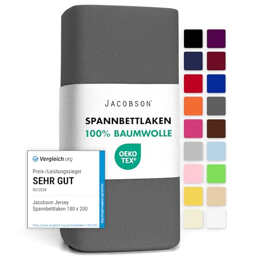 Jacobson Jersey Spannbettlaken Spannbetttuch Baumwolle Bettlaken (140x200-160x200 cm, Anthrazit)