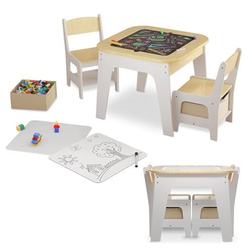 Juskys Kindersitzgruppe Milou - Set mit 2 Stühlen & 1 Tisch - Kindertisch Holz - Spieltisch mit Stauraum - Sitzgruppe für Kinder, Maltisch - Natur