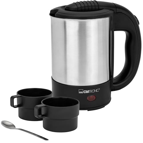 Clatronic® Wasserkocher klein 0,5 Liter | Reisewasserkocher inkl. 2 Tassen, Reisebeutel und Löffel | BPA-frei | Edelstahlgehäuse | Mini Wasserkocher | 1000W | Camping Wasserkocher | WKR 3624