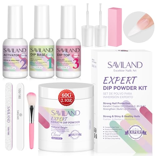 Saviland Dipping Powder Nails Set: 60g Clear Kapazität Nagel Dipping Powder Starter Set,Dipping Powder Farbe mit 3PCS Dipping Powder Liquid Set Maniküre Dip Nägel Tools Kit für Nägel Maniküre Salon