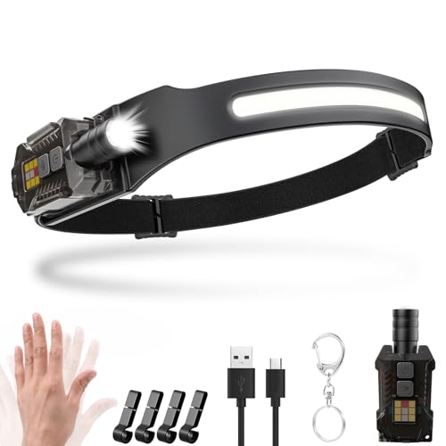 Stirnlampe LED Wiederaufladbar,2000 Lumens 230° Weitwinkel Zoombare Kopflampe mit Sensor,9 Lichtmodi mit UV Lampe,Abnehmbare magnetische Leichtgewichtig Stirnlampen,für Camping,Joggen,Wandern,Angeln