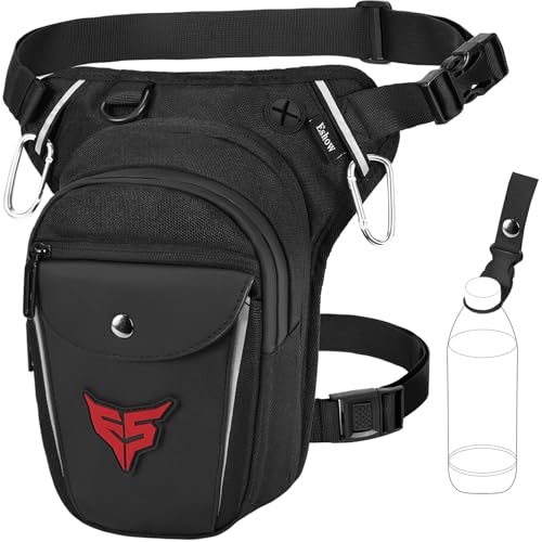 Eshow Beintasche Motorrad für Herren Damen, Oberschenkeltasche Gürteltasche Erweiterbare Stauraum, Bauchtasche mit 1 Flaschenhalter 2 Karabinern Reflexstreifen für Wandern Radfahren Schwarz