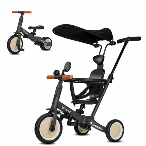 BRONEA® 5-in-1 Dreirad ab 1 Jahr mit Schubstange | Wächst mit Ihrem Kind vom Kinderdreirad bis Laufrad | Mit Gurt, Dach & Zubehör wie Getränkehalter, Spiegel, Klingel (Grau)