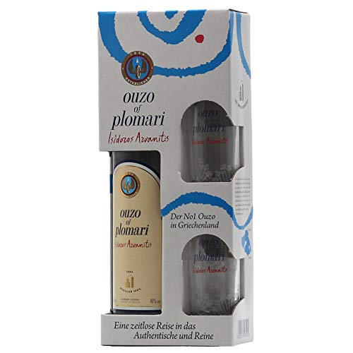 Ouzo of Plomari 0,7 L 40% vol + 2x Ouzo-Glas im Geschenkkarton
