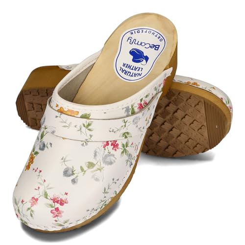 BeComfy Damen Holz Clogs Leder Clogs mit Holzsohle Echtleder Holzclogs Blumen Blau Weiß 35-41 EU/Bunte Blumen, 41