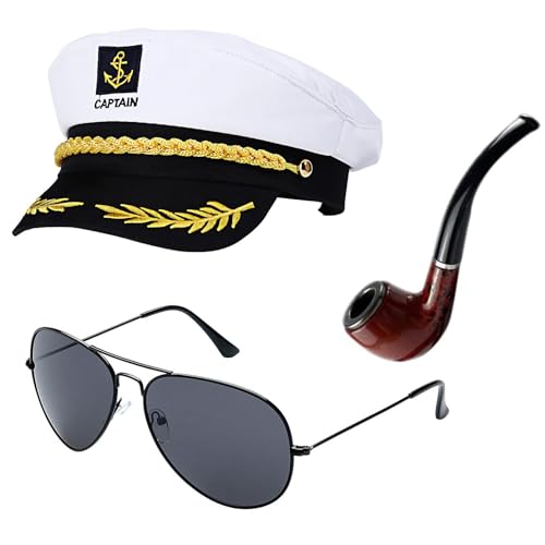 Koorium Yacht Kapitän Hut Kapitänsmütze Kostüm Set,Verstellbare Yacht Schiff Boot Marine Mütze Mit Sonnenbrille, Kapitänsmütze für Karneval Mottoparty Cosplay