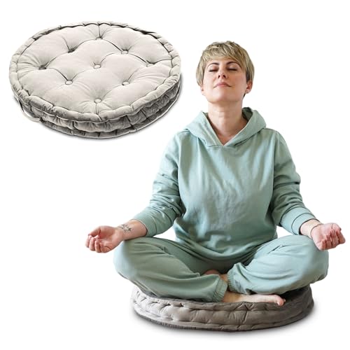 Bodenkissen Yogakissen sitzkissen rund 58 cm - Meditationskissen XL Garten Outdoor Kissen Yoga und Meditation groß Floor Cushion für Balkon und kinderzimmer hellgrau