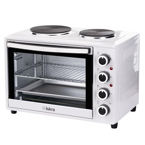 Iskra Mini Backofen mit Kochplatten und Umluft 38L, mit Timer, Edelstahl Heizelemente,0-230°C, inkl. rotierendem Spieß, Backblech und Rost, 3600 Watt, Weiß