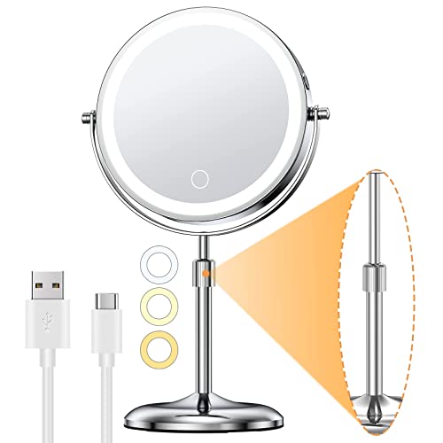Gospire Wiederaufladbar Kosmetikspiegel mit Licht, 1X/10X Vergrößerung, 3 Farben Dimmable & Höhenverstellbar 7' Schminkspiegel, 360°Schwenkbar Doppelseitiger LED Make-up Spiegel, Chrom