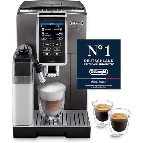 De'Longhi Dinamica Plus ECAM 372.95.TB Kaffeevollautomat mit LatteCrema Milchsystem, Cappuccino und Espresso auf Knopfdruck, Touchscreen Farbdisplay, Appsteuerung, Kaffeekannen-Funktion, Titan/Schwarz