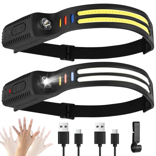 Stirnlampe LED Wiederaufladbar 2 Stück,2000 Lumens Superhell Weiß Licht Intelligenter Sensor, 9 Lichtmodi 4 Farben IPX4 Wasserdicht 0,09KG Leichtgewichtig Stirnlampen fürs Laufen, Campen, Angeln