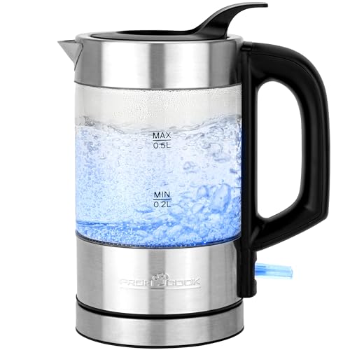 ProfiCook® Wasserkocher Edelstahl | 0,5 Liter | blau beleuchtet | BPA frei | Wasserkocher klein | 1100W | Reisewasserkocher | Glas-/ Edelstahlgehäuse | Kettle | Mini Wasserkocher | PC WKS 1228 G