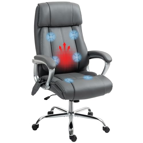 HOMCOM Massage-Bürostuhl mit 6 Punkten, vibrierend und neigbar, moderner Drehstuhl mit Seitentasche und Fernbedienung aus PU-Leder, 66 x 72 x 113 – 121 cm, Kohlegrau
