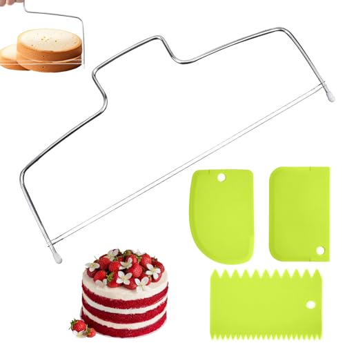 Tortenschneider, 2Pcs Tortenbodenschneider 32×16cm mit 3Pcs Kuchenschaber, Tortenbodenteiler Tortensäge Edelstahl Tortenbodenschneider für Torten zum Schneiden von Kuchen (Silber, Grün)