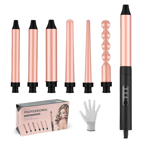Flintronic Lockenstab, 6 in 1 Lockenwickler Set mit 6 Multifunktions Austauschbare Keramikbeschichtung, Schnelle Erwärmung, mit Handschuh, Lockenstab für verschiedene Lockenstile