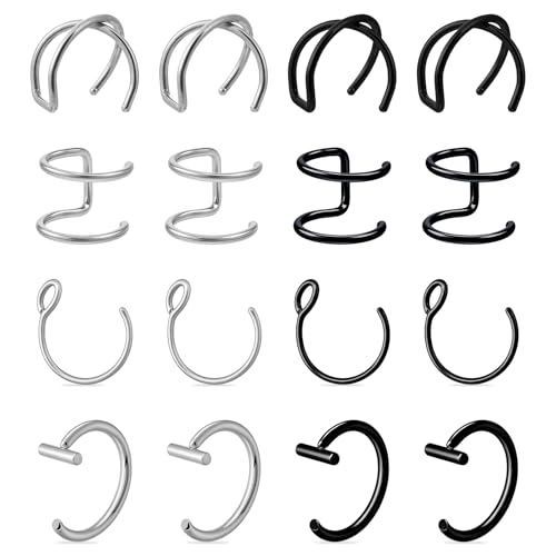 Psyqtsuary 16 Stück Fake Nasenpiercing, Edelstahl Fake Lippenpiercing Ring 8mm Fake Nasen Piercing Gothic Septum Piercing für Männer Frauen (Silber, Schwarz)