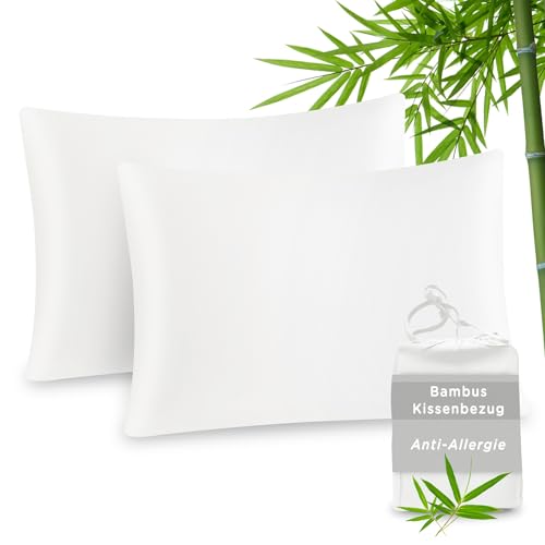 ATsense Bambusfaser Kissenbezug 40 x 80 2er Set, Allergiker Satin Kissenbezüge, Weich wie Seiden Kissenbezug, Anti Milben Kopfkissenbezug für Haar und Haut, Naturweiß