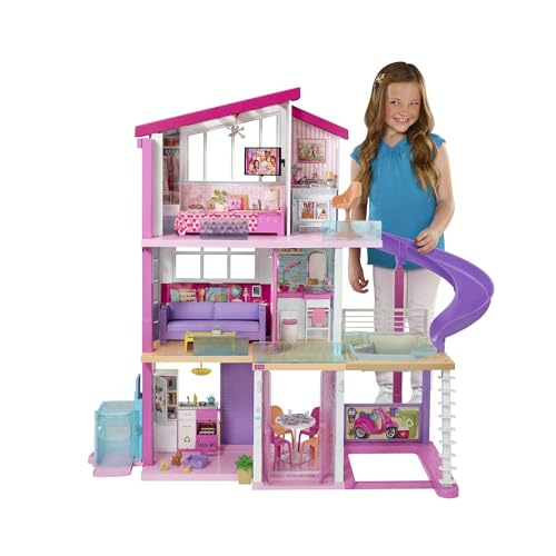 Barbie Puppenhaus, Barbie Traumvilla (ohne Barbie Puppe), komplett möbliert, 3 stöckig, 8 Zimmer inkl. Pool, Rutsche und Aufzug, 70 Accessoires, Spielzeug ab 3 Jahre, GNH53