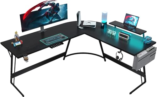 JUMMICO Gaming Tisch 160cm mit LED und Monitorständer,Eckschreibtisch mit Tasche Stauraum,Groß L-förmiger Schreibtisch Pc Ecktisch mit Kabelmanagement,Tassenhalter und Kopfhörerhaken,Schwarz